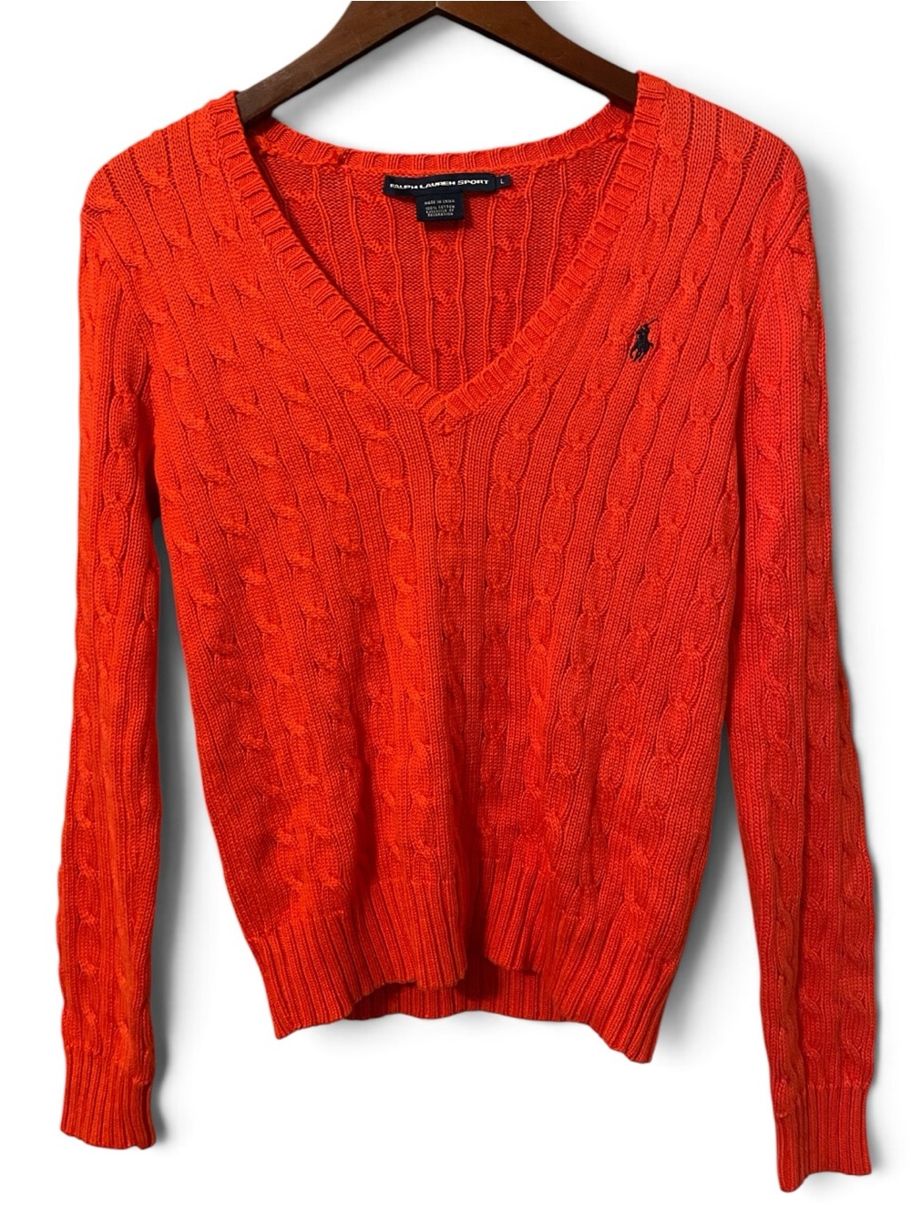 Ralph Lauren Sport Cable Knit V-Neck Sweater Orange Cotton Womens Large Pony VTG